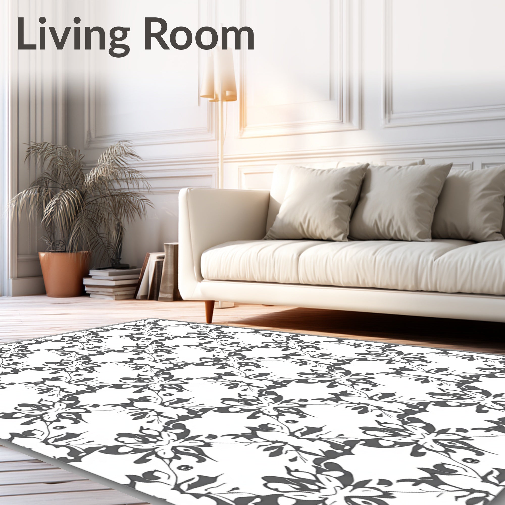 Dark Gray Floral Damask Lattice Rug