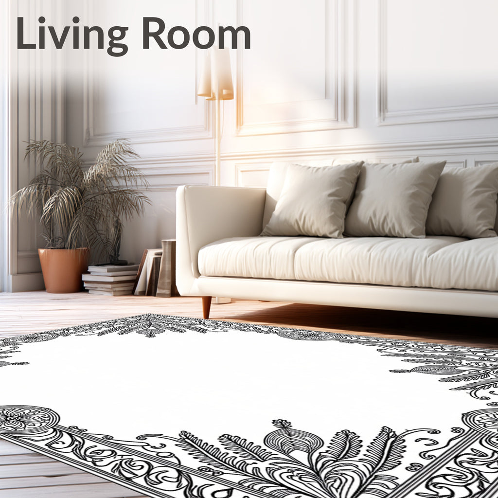 Ornate Black Scrollwork Floral Border Rug