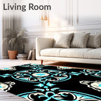 Ornate Black Cyan Floral Mandala Rug