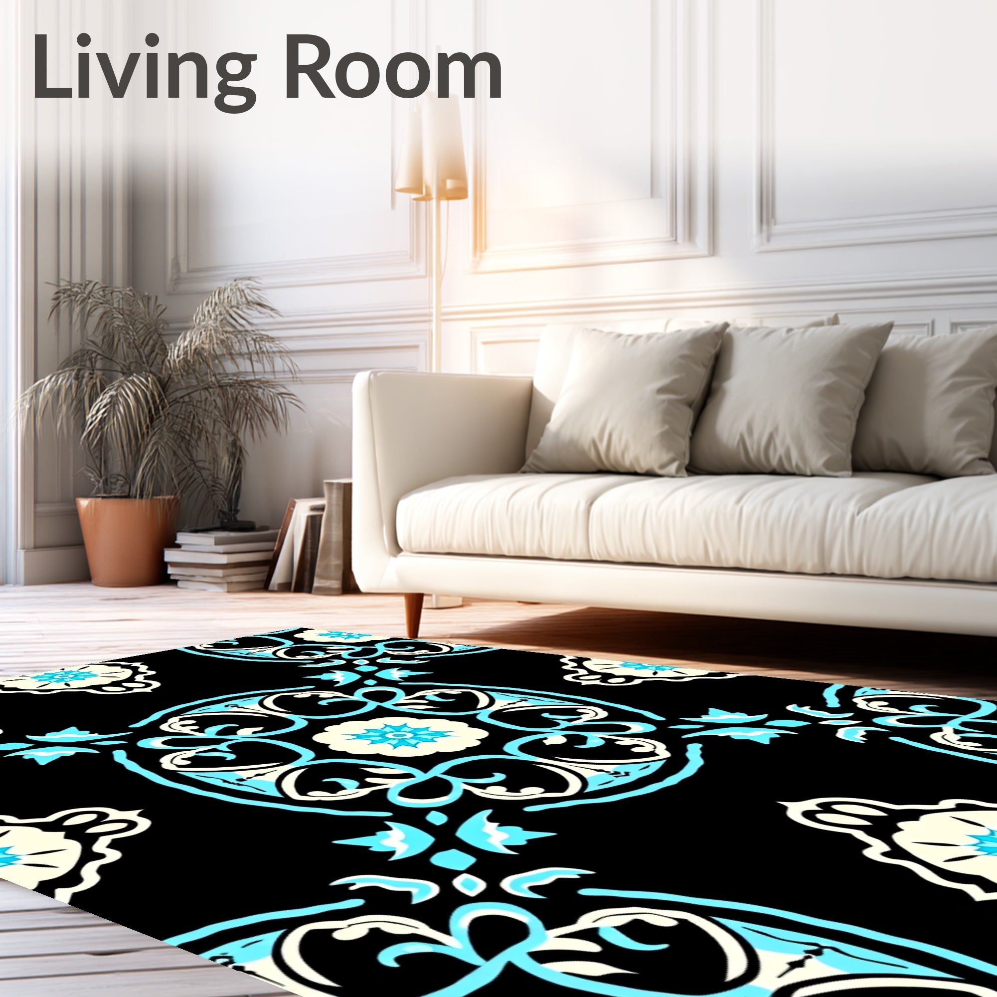 Ornate Black Cyan Floral Mandala Rug