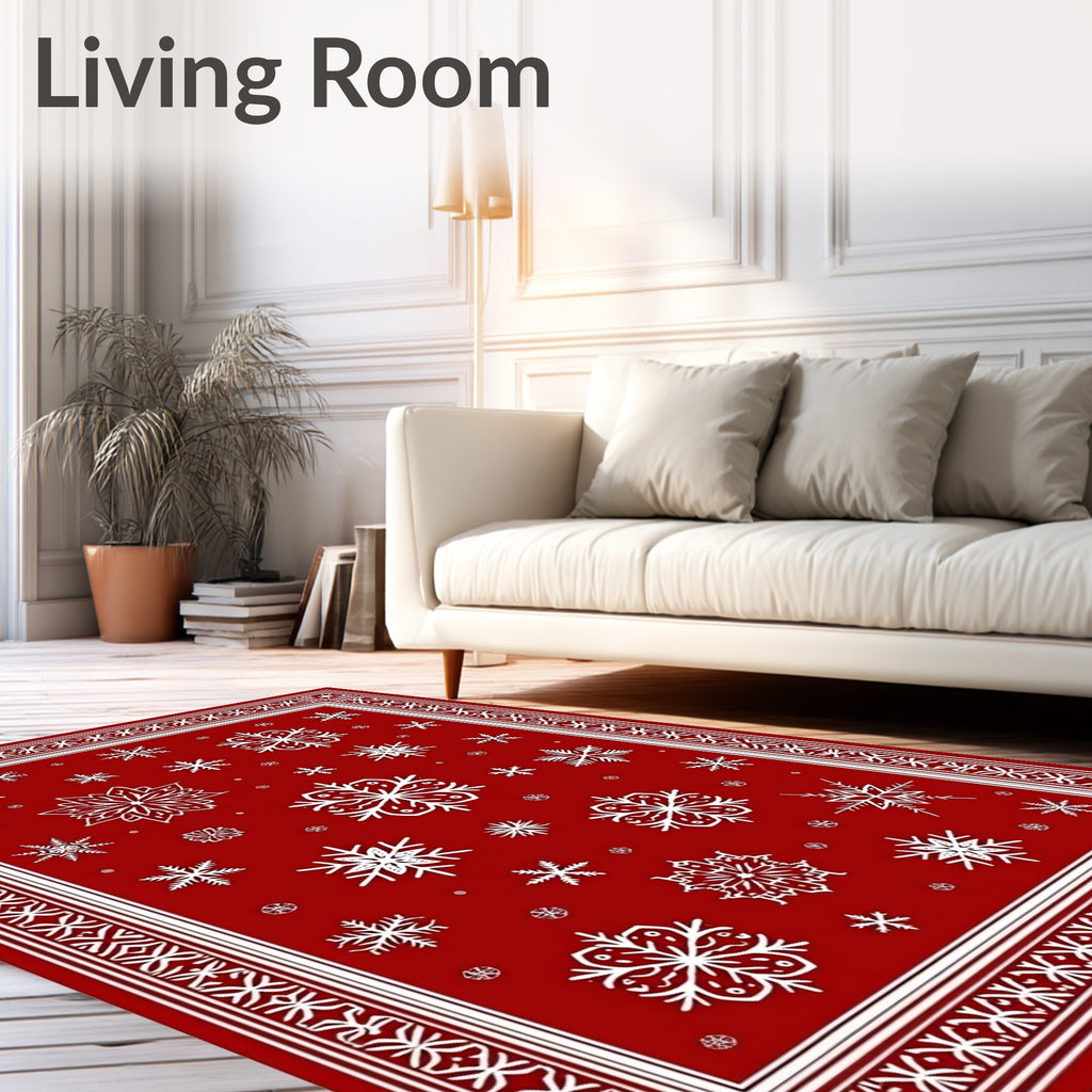 Red White Snowflake Festive Border Rug