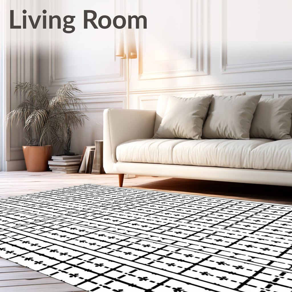 Bold Black Grid Floral Cross Stitch Rug