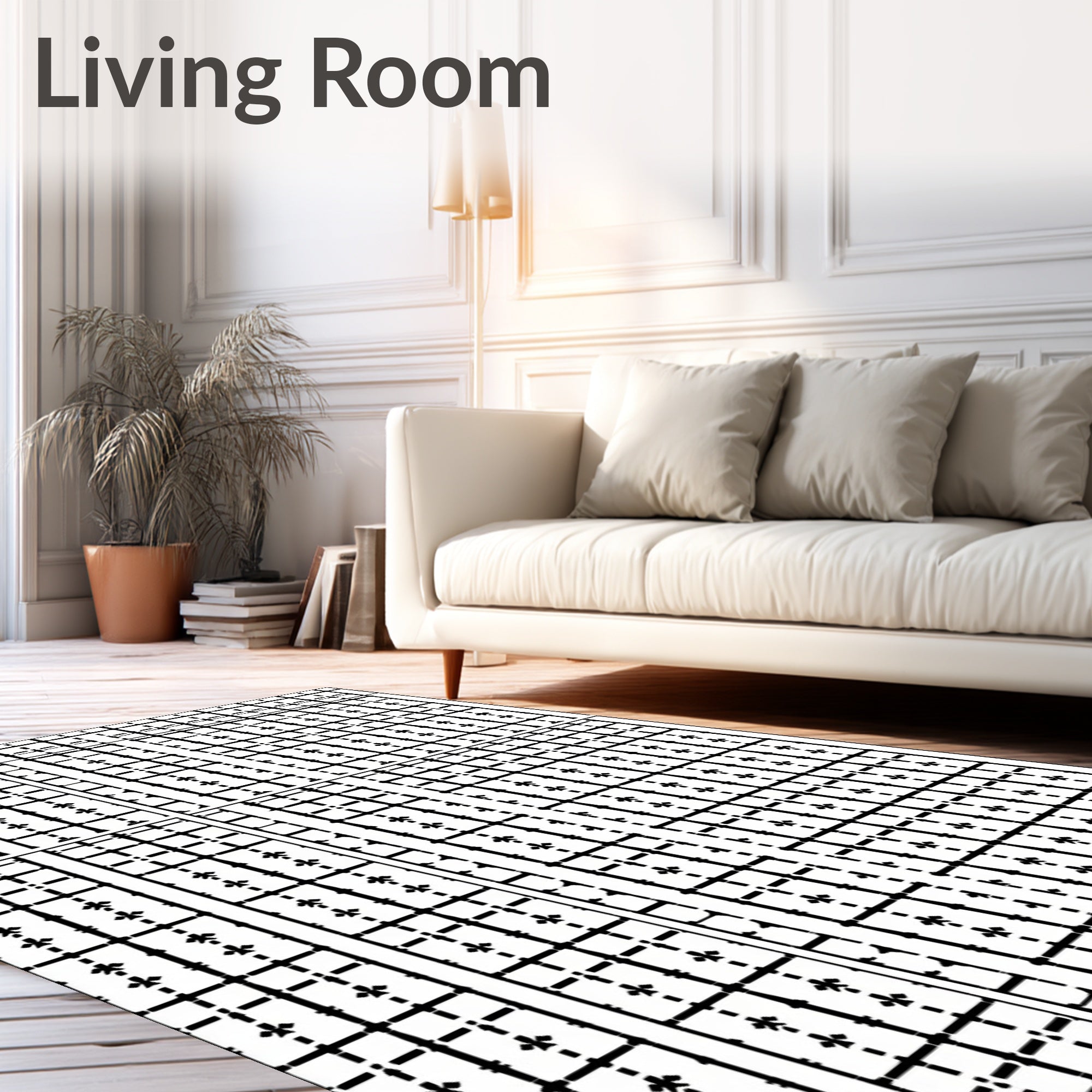 Bold Black Grid Floral Cross Stitch Rug