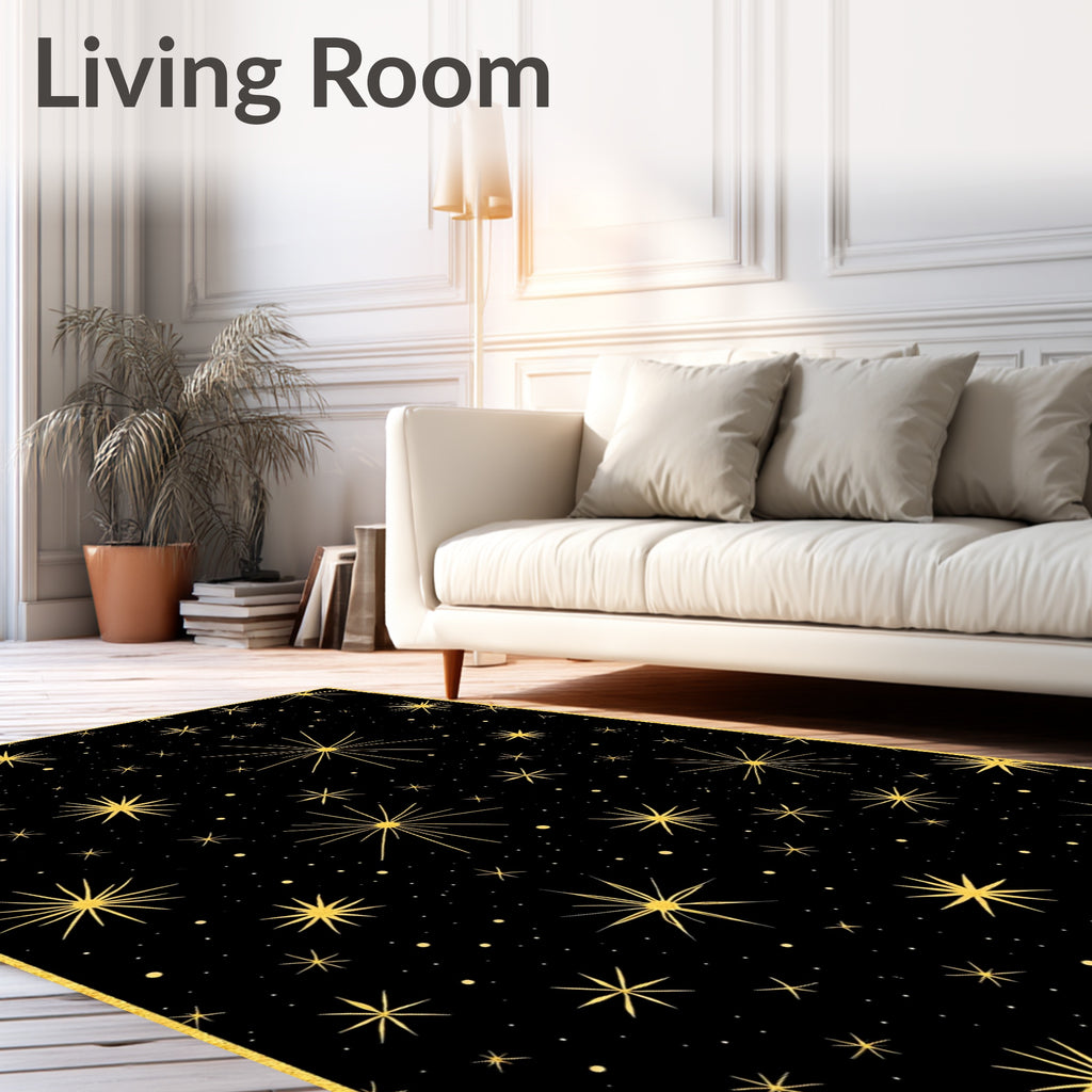 Golden Starburst Black Night Sky Rug