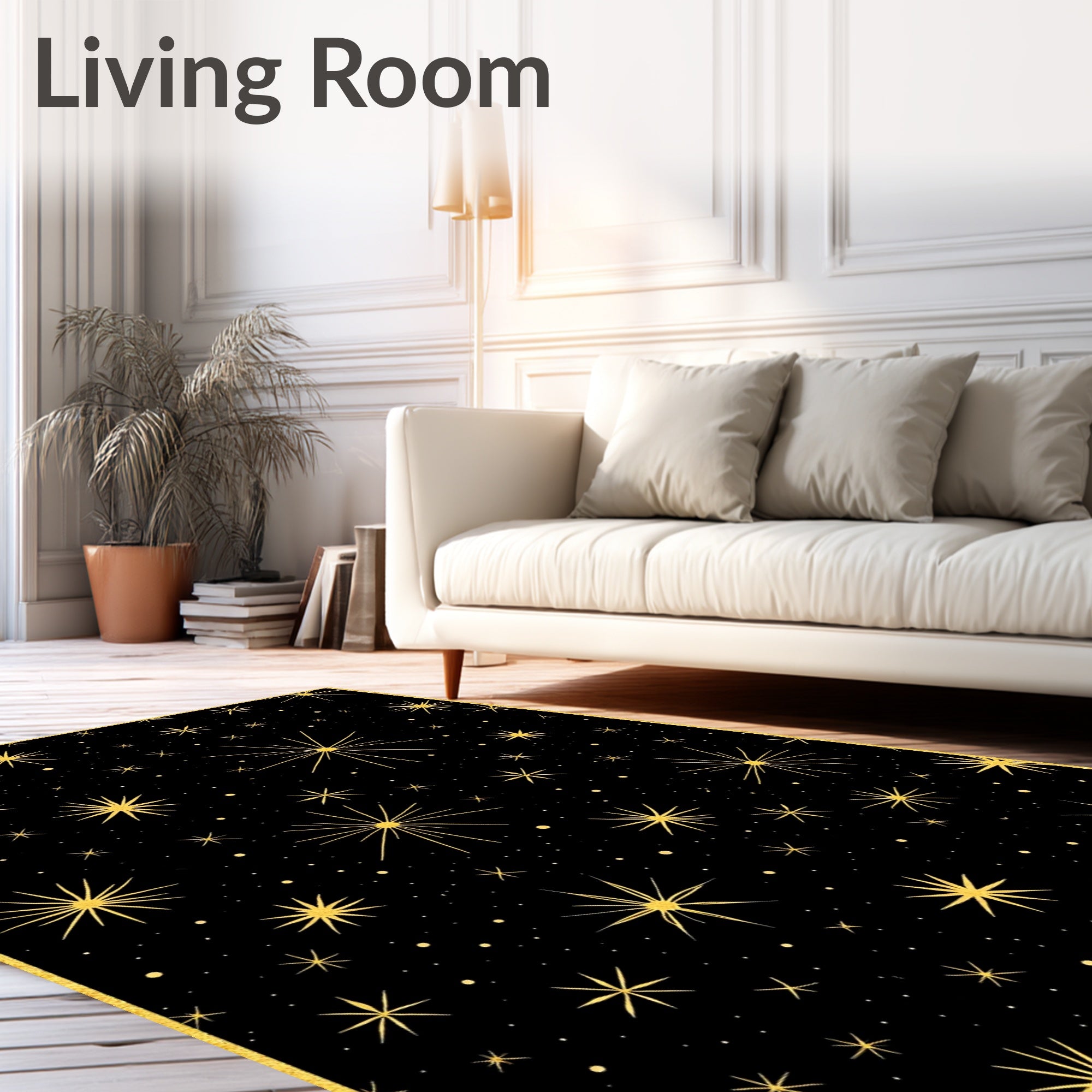 Golden Starburst Black Night Sky Rug