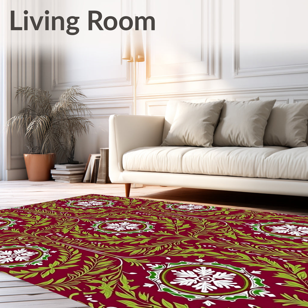 Crimson Green White Floral Vine Medallions Rug