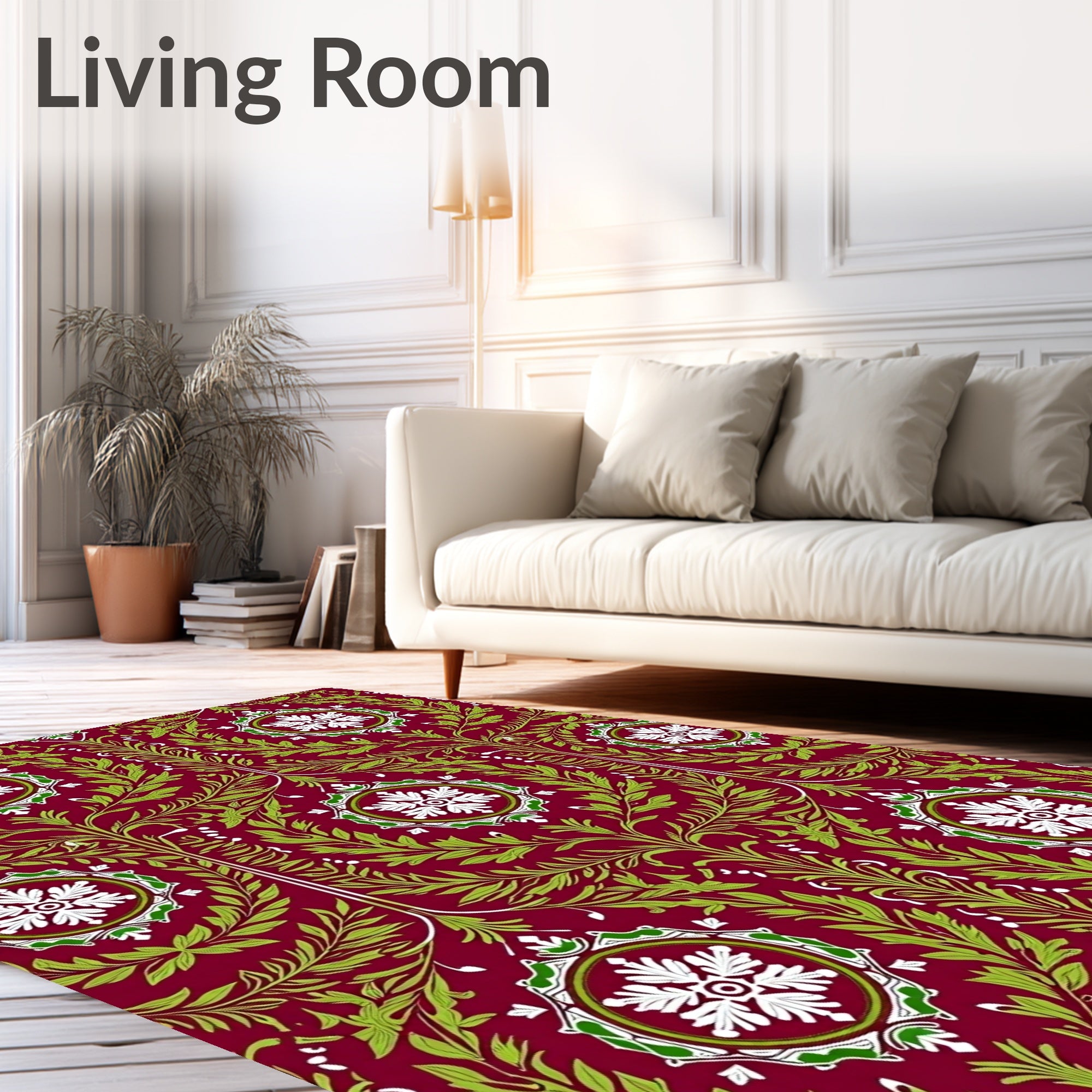 Crimson Green White Floral Vine Medallions Rug