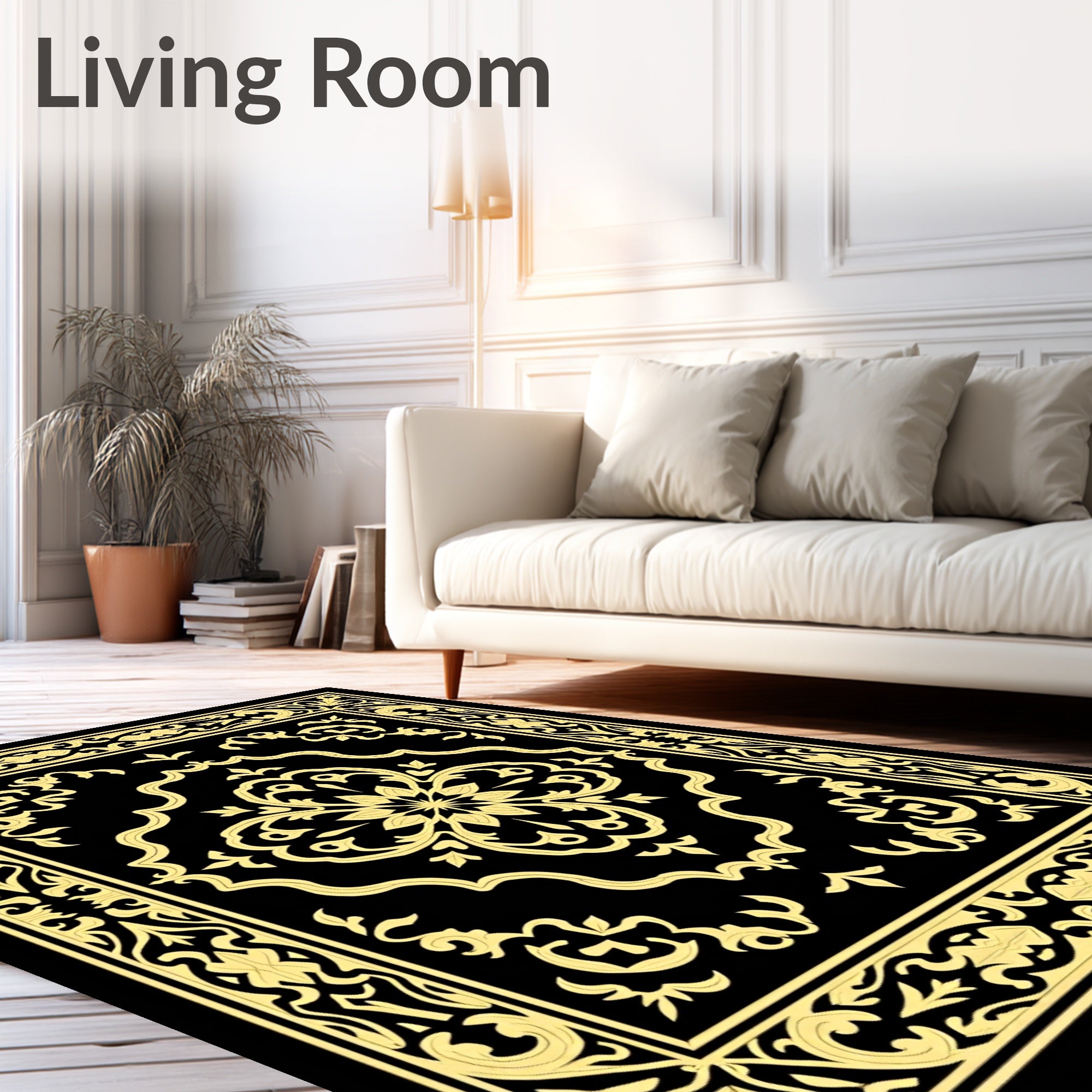 Golden Black Baroque Scrollwork Medallion Rug