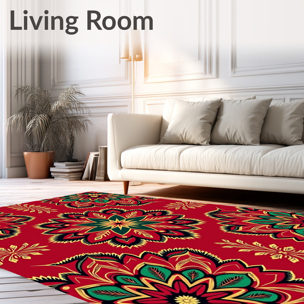 Crimson Emerald Golden Mandala Blooms Rug