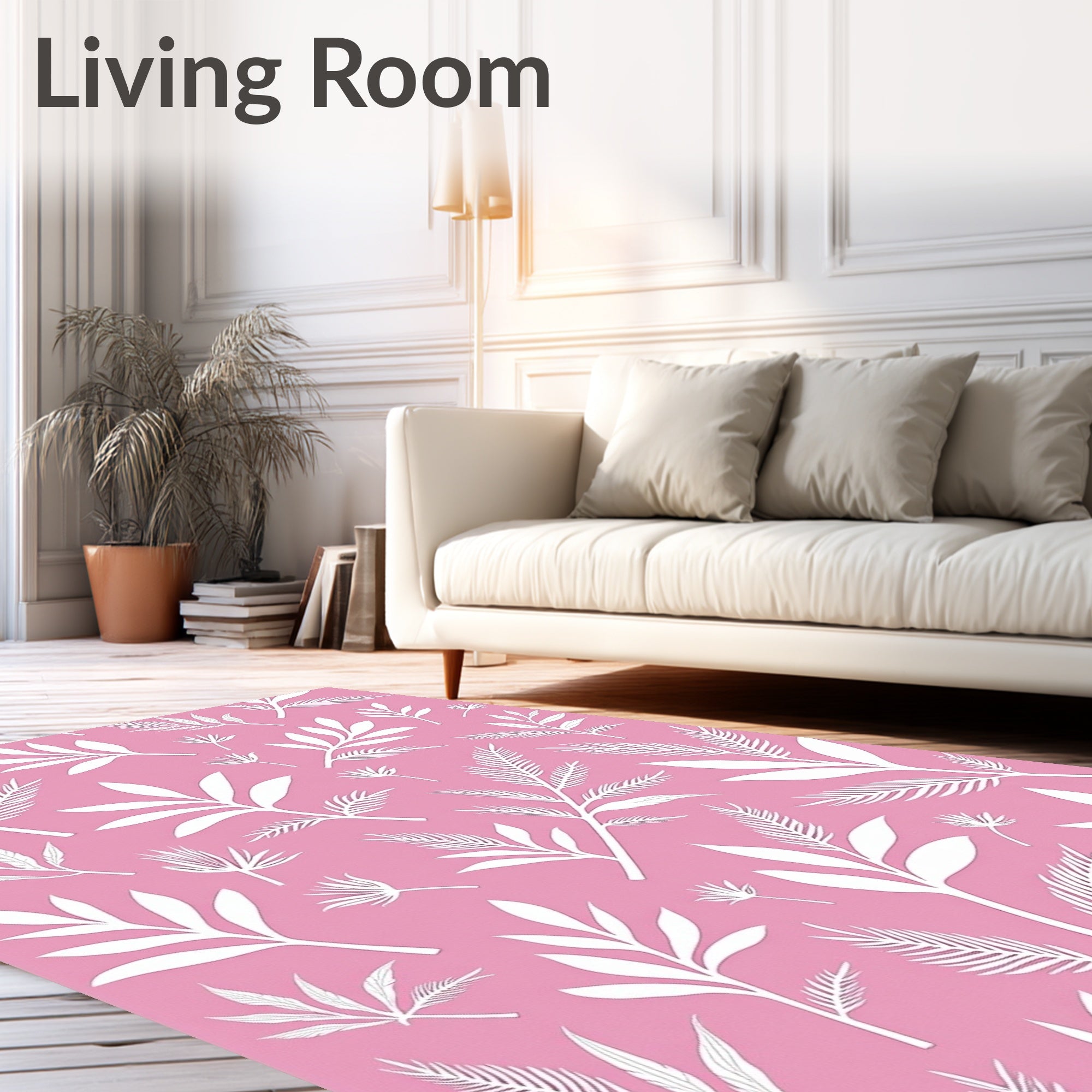White Tropical Foliage On Pink Background Rug