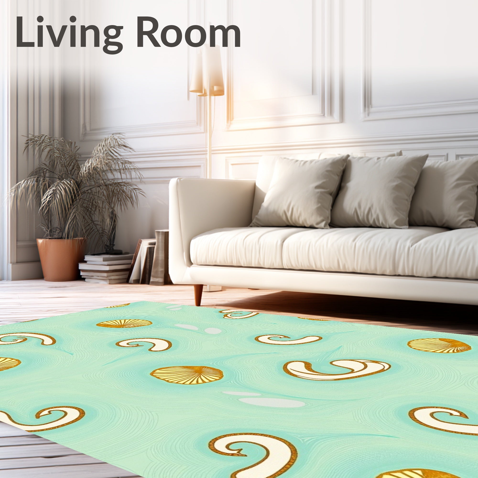 Aqua Gold Whimsical Swirl Shell Rug