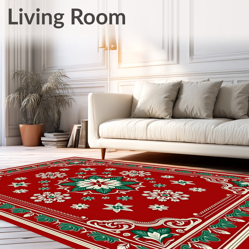 Crimson Green Floral Medallion Border Rug