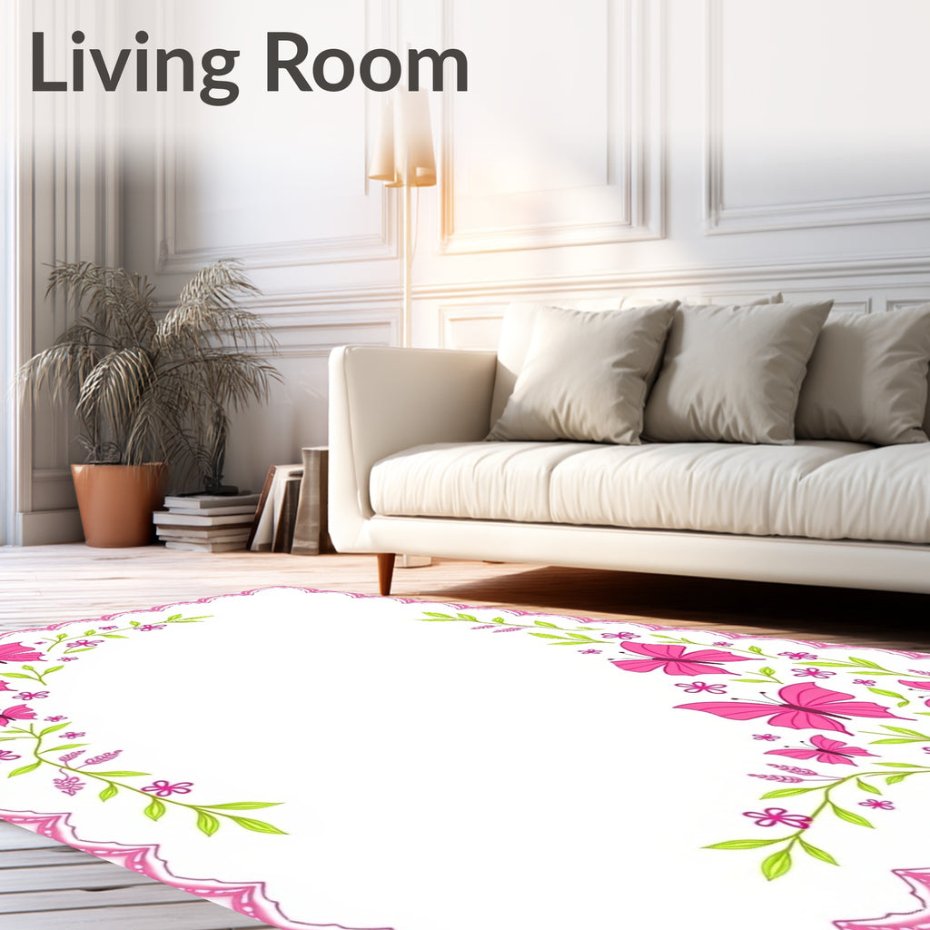 Whimsical Pink Butterfly Garden Border Rug