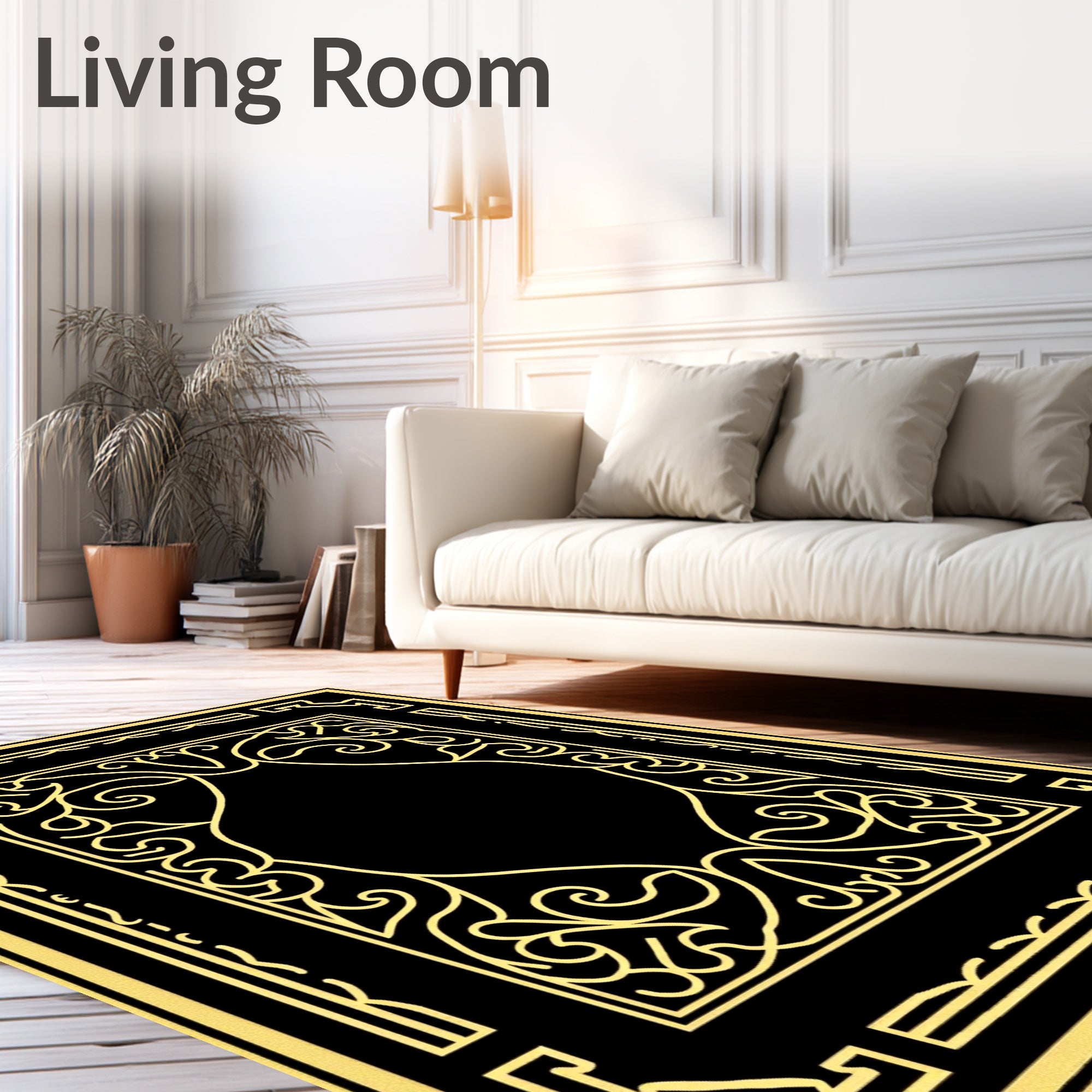 Elegant Gold Floral Scrollwork Frame Rug