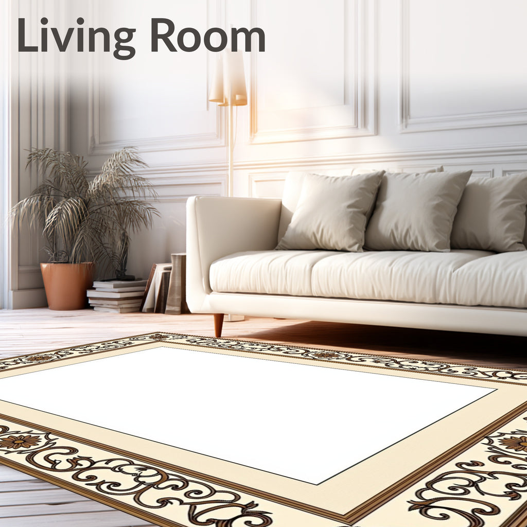 Cream Brown Floral Vintage Scroll Border Rug