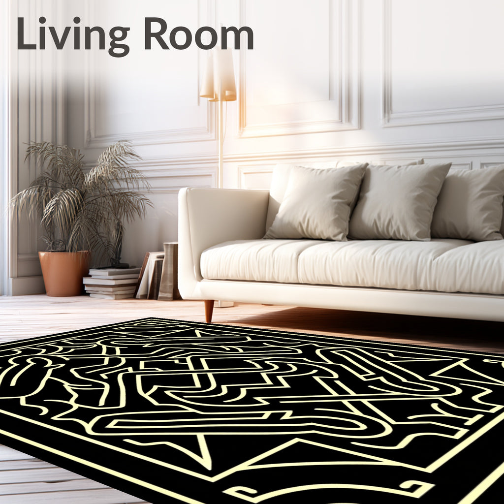 Black Yellow Abstract Labyrinth Rug
