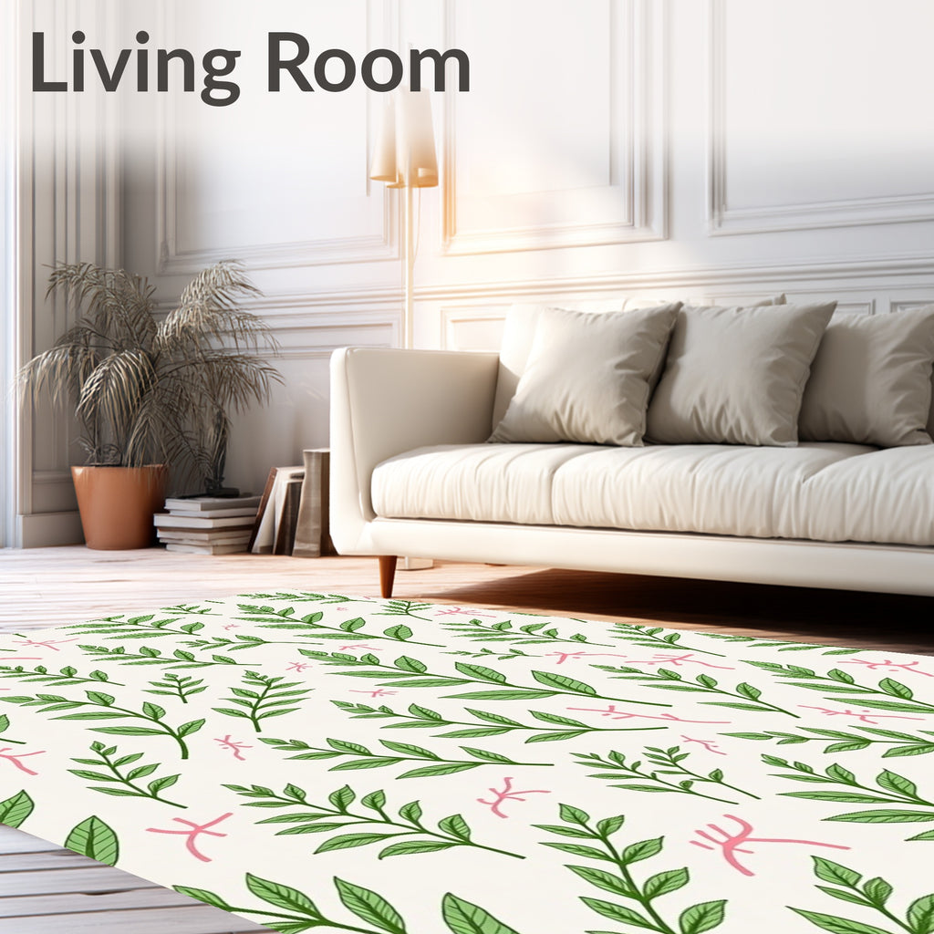 Green Leaf Branches with Pink Accents Rug