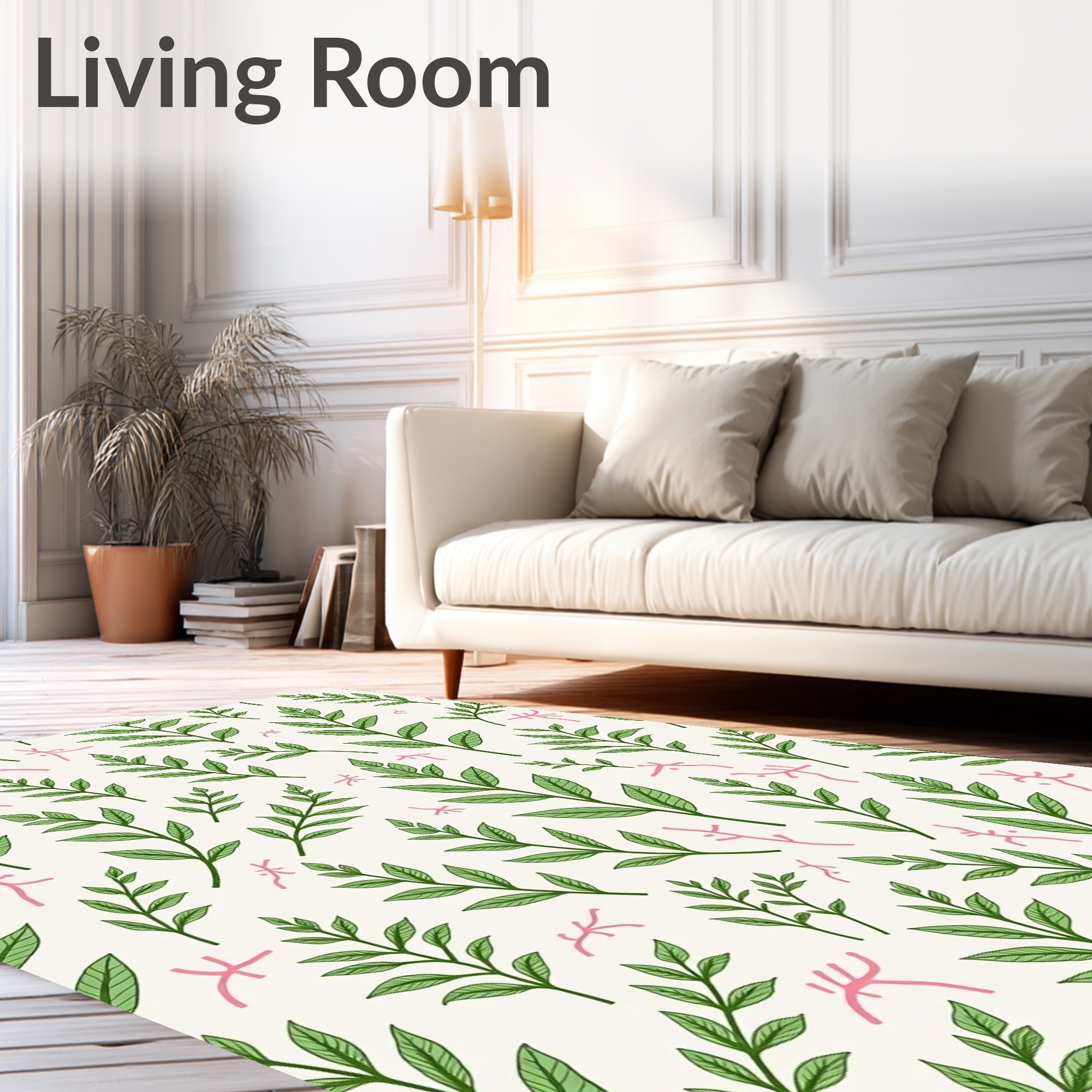 Green Leaf Branches with Pink Accents Rug