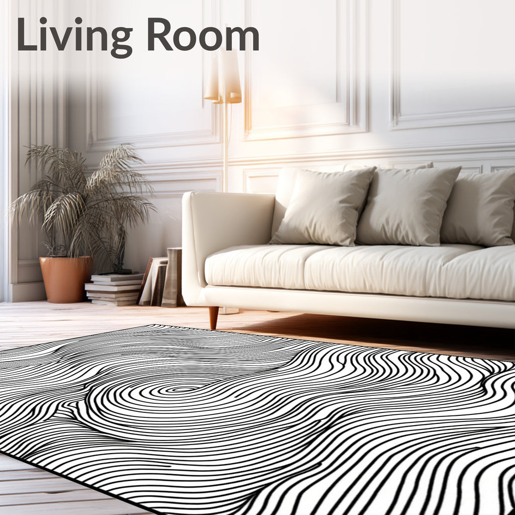 Abstract Black and White Swirl Lines Rug