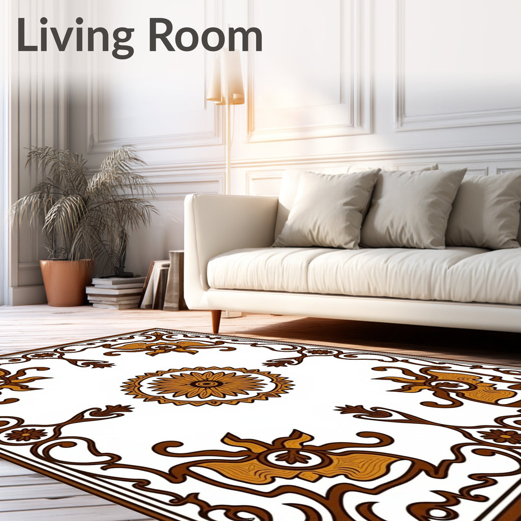 Brown Golden Floral Medallion Frame Rug