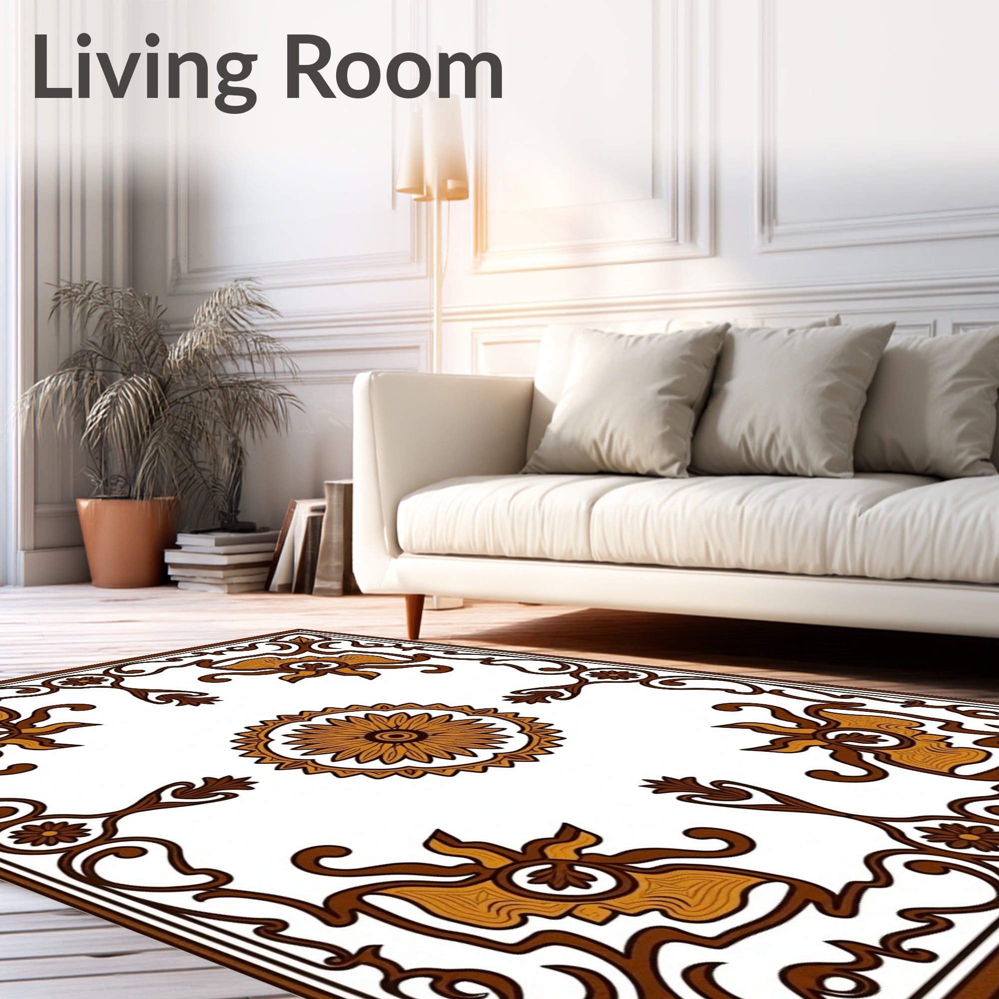 Brown Golden Floral Medallion Frame Rug