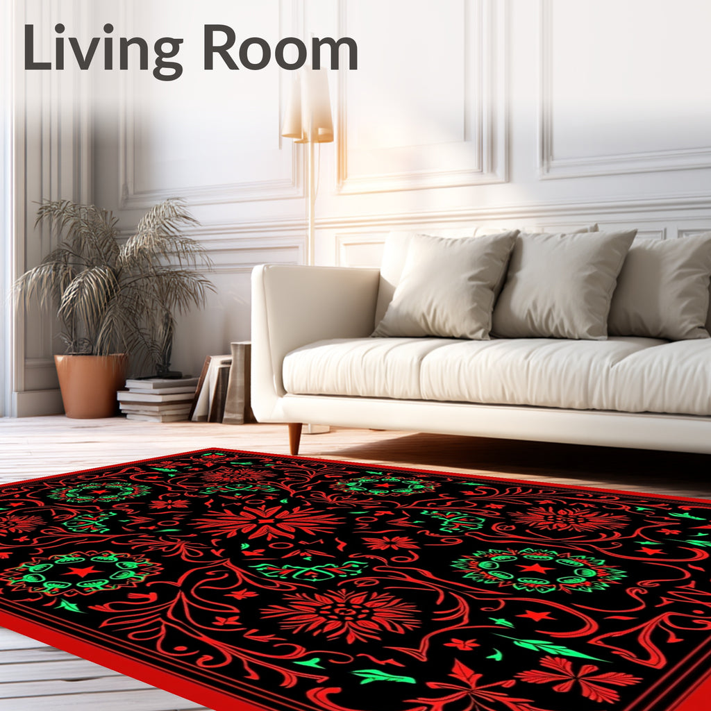 Vibrant Red Green Floral Medallion Mandala Rug