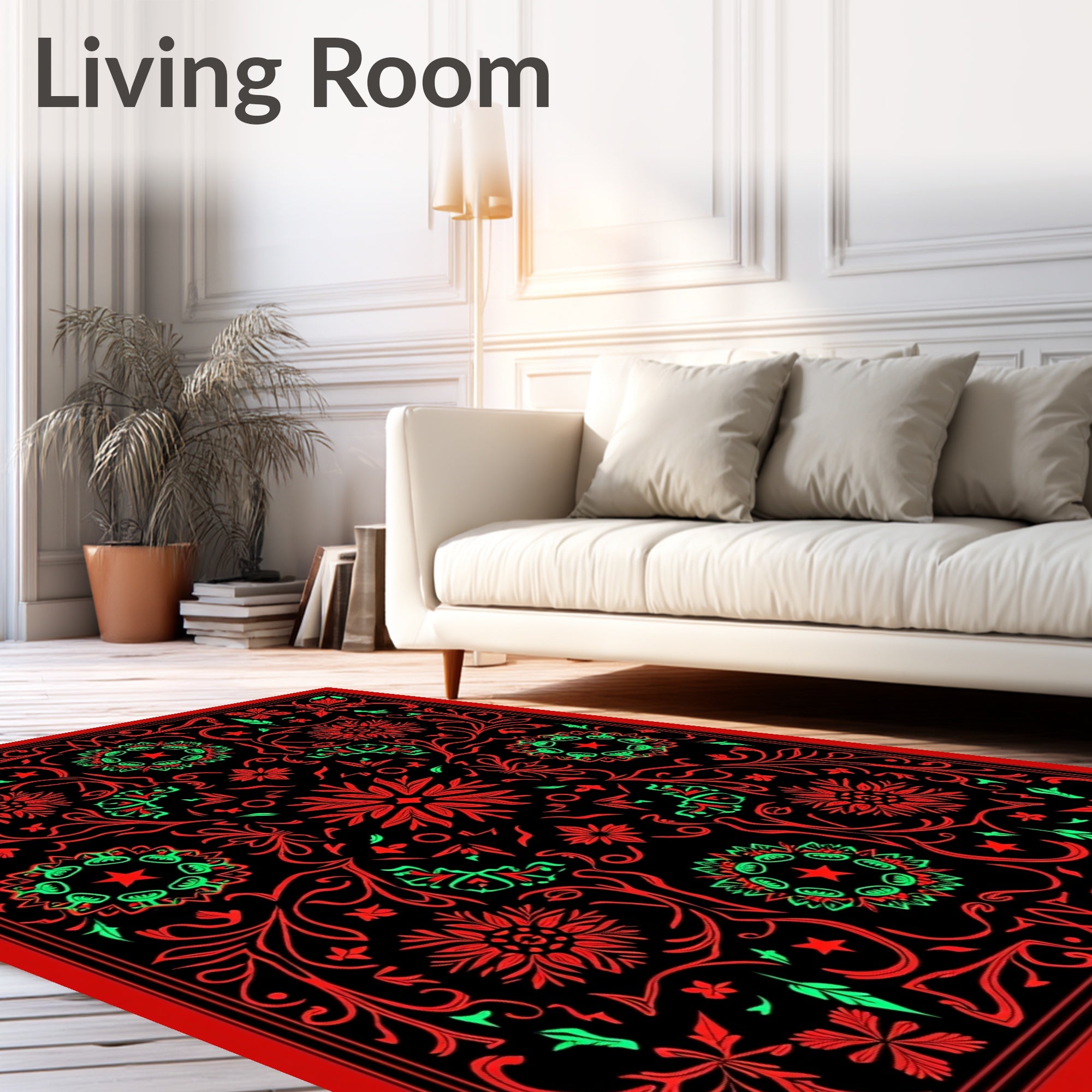 Vibrant Red Green Floral Medallion Mandala Rug