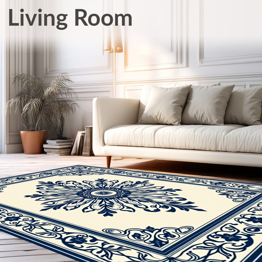 Deep Blue Floral Medallion Border Rug