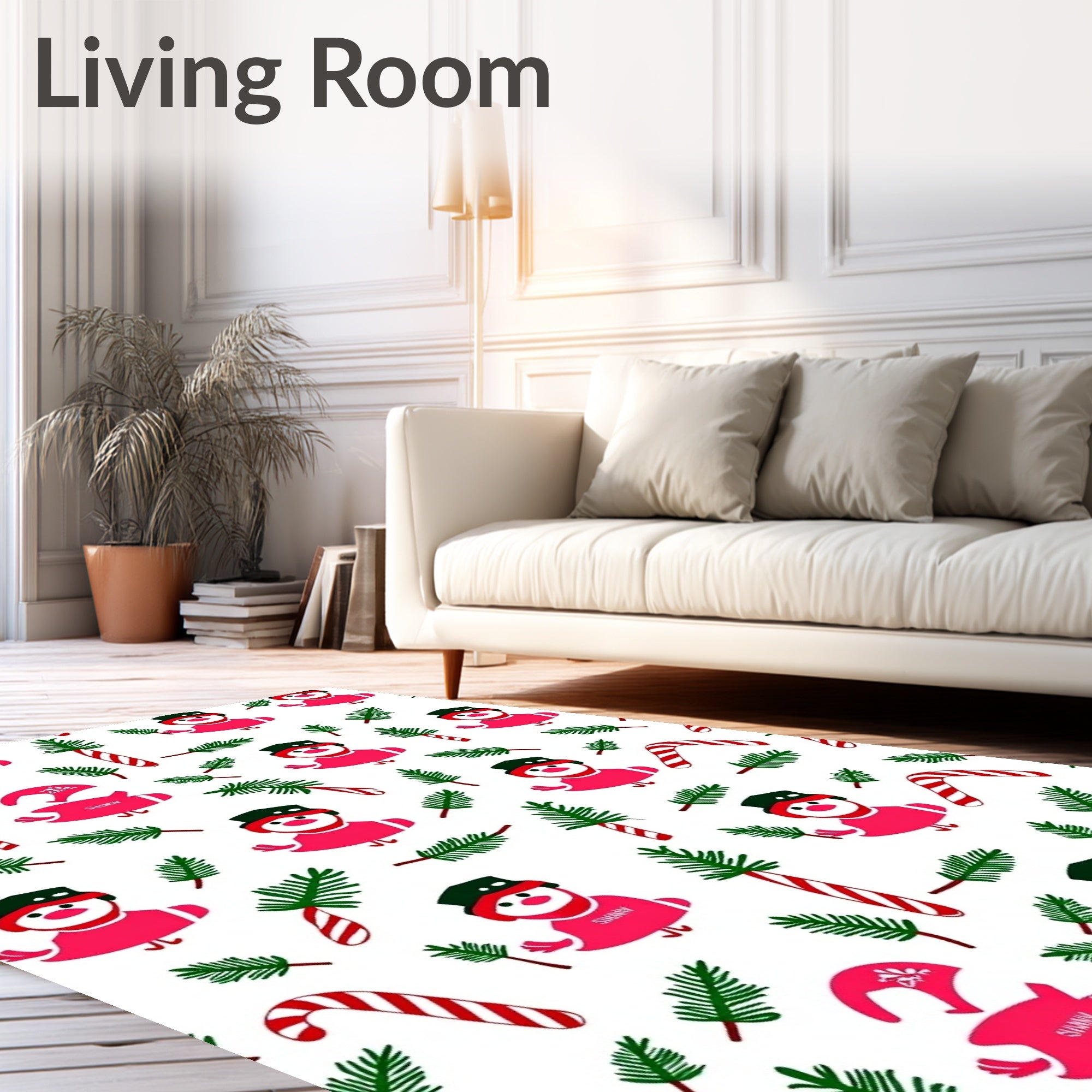 Festive Snowman Candy Cane Pine Sprigs Rug
