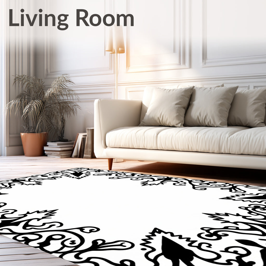 Classic Black Floral Scroll Border Rug