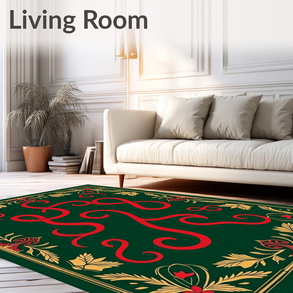 Rich Emerald Red Swirl Floral Border Rug