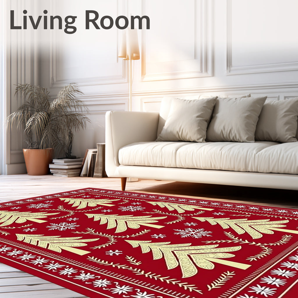Crimson Festive Christmas Tree Snowflakes Rug