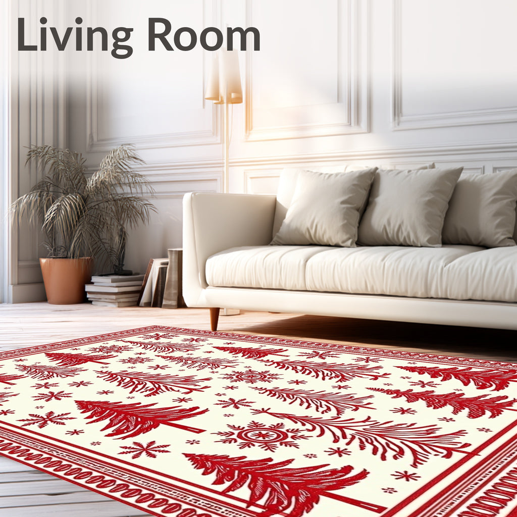 Crimson Woodland Tree Snowflake Scene Rug