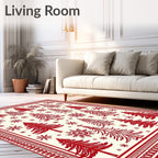 Crimson Woodland Tree Snowflake Scene Rug