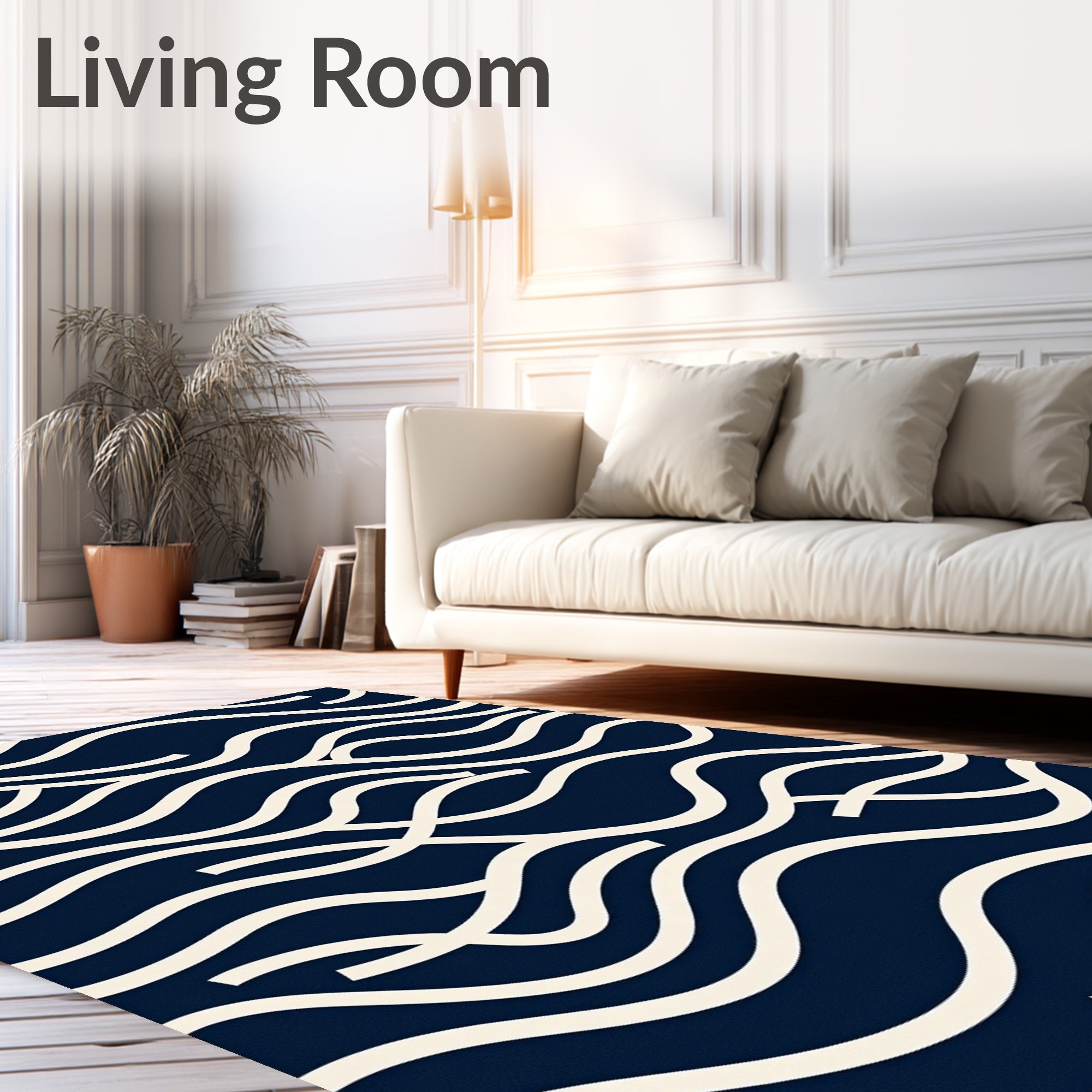 Navy Cream Wavy Line Art Rug