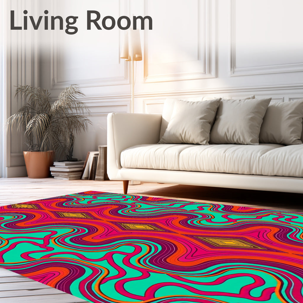 Vibrant Teal Pink Orange Diamond Waves Rug