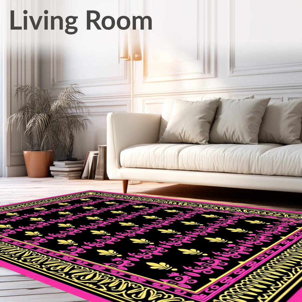 Luxe Black Pink Gold Floral Border Rug