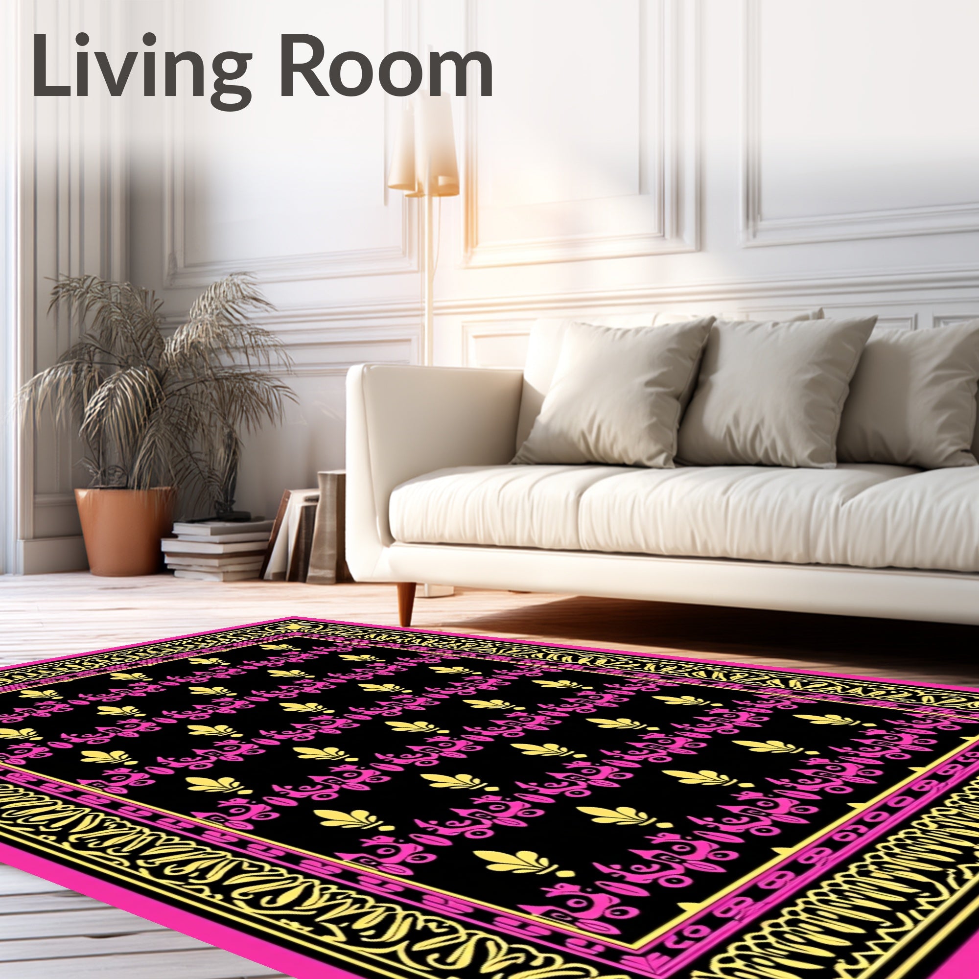 Luxe Black Pink Gold Floral Border Rug