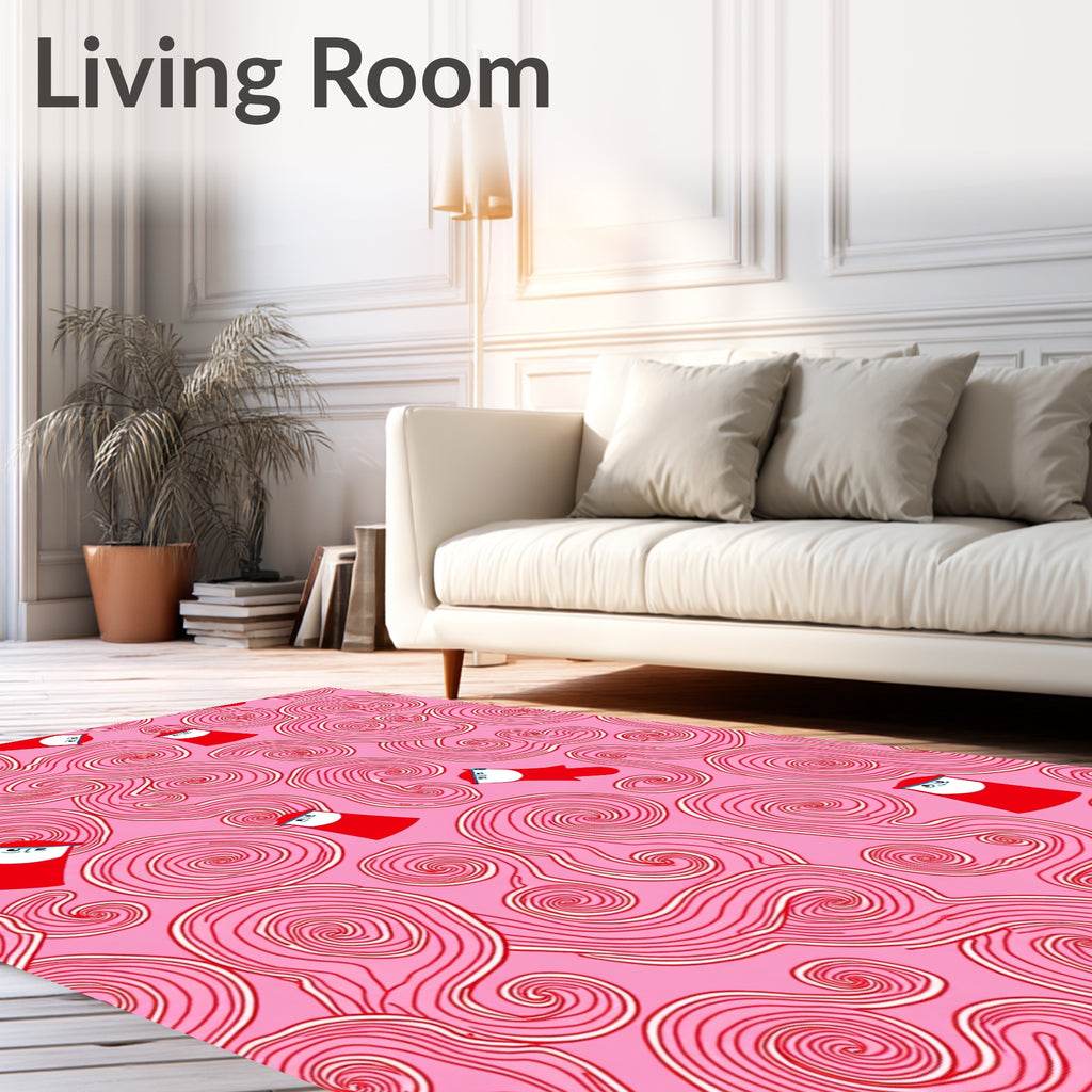 Whimsical Red Swirl Figures Pink Rug