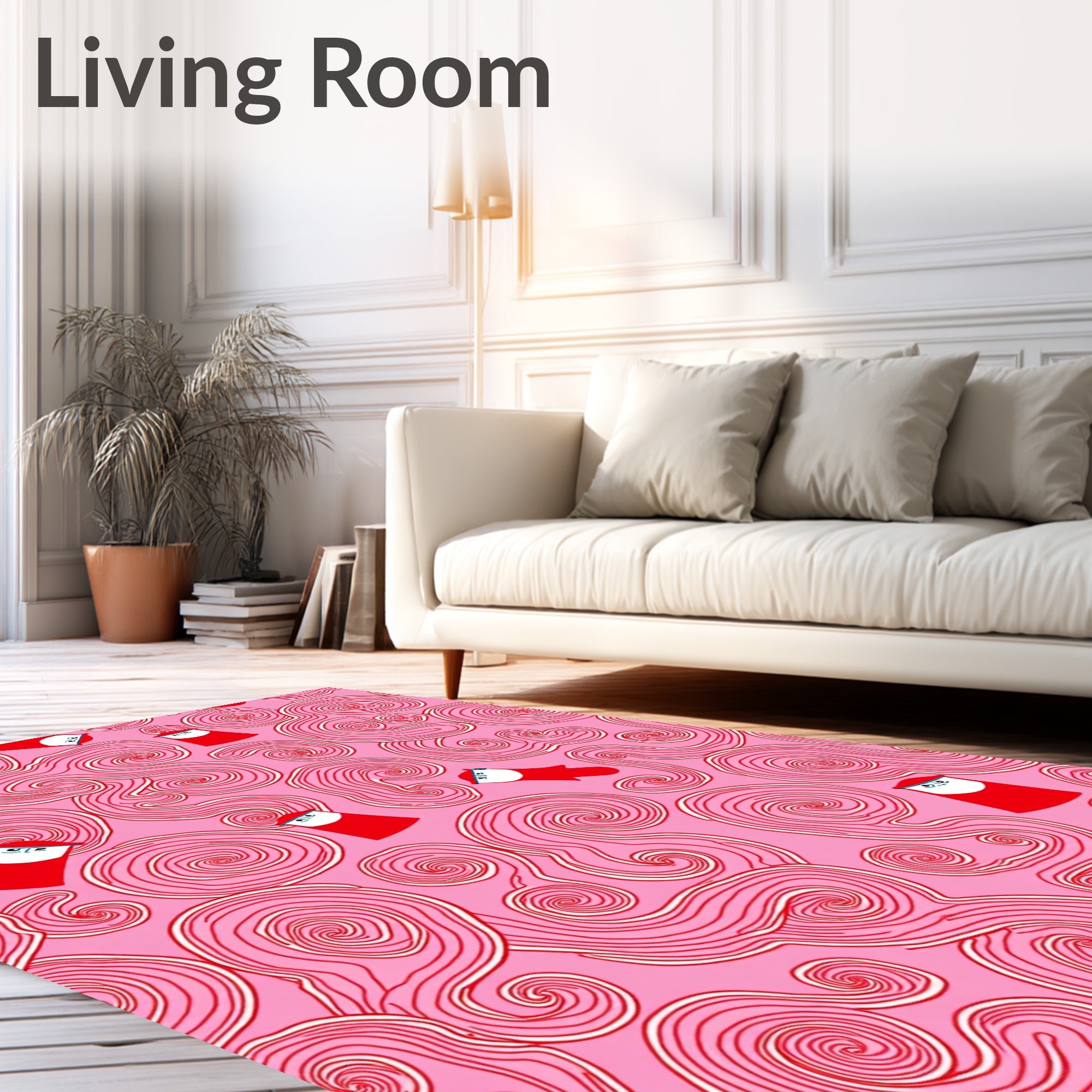 Whimsical Red Swirl Figures Pink Rug