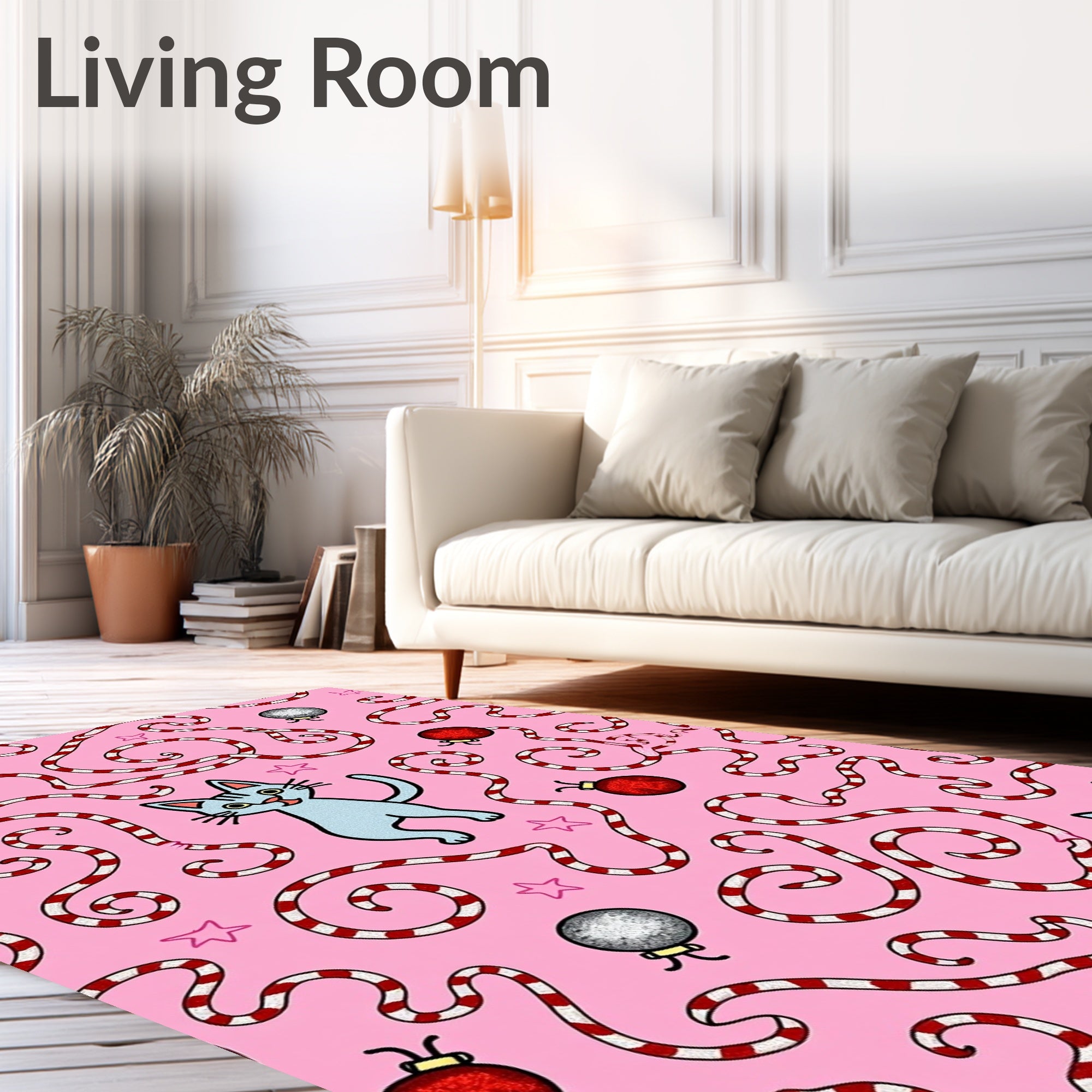 Playful Pink Kitten Candy Cane Ornament Rug