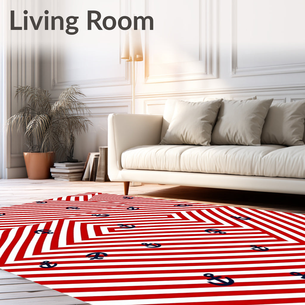 Nautical Red White Striped Anchor Rug