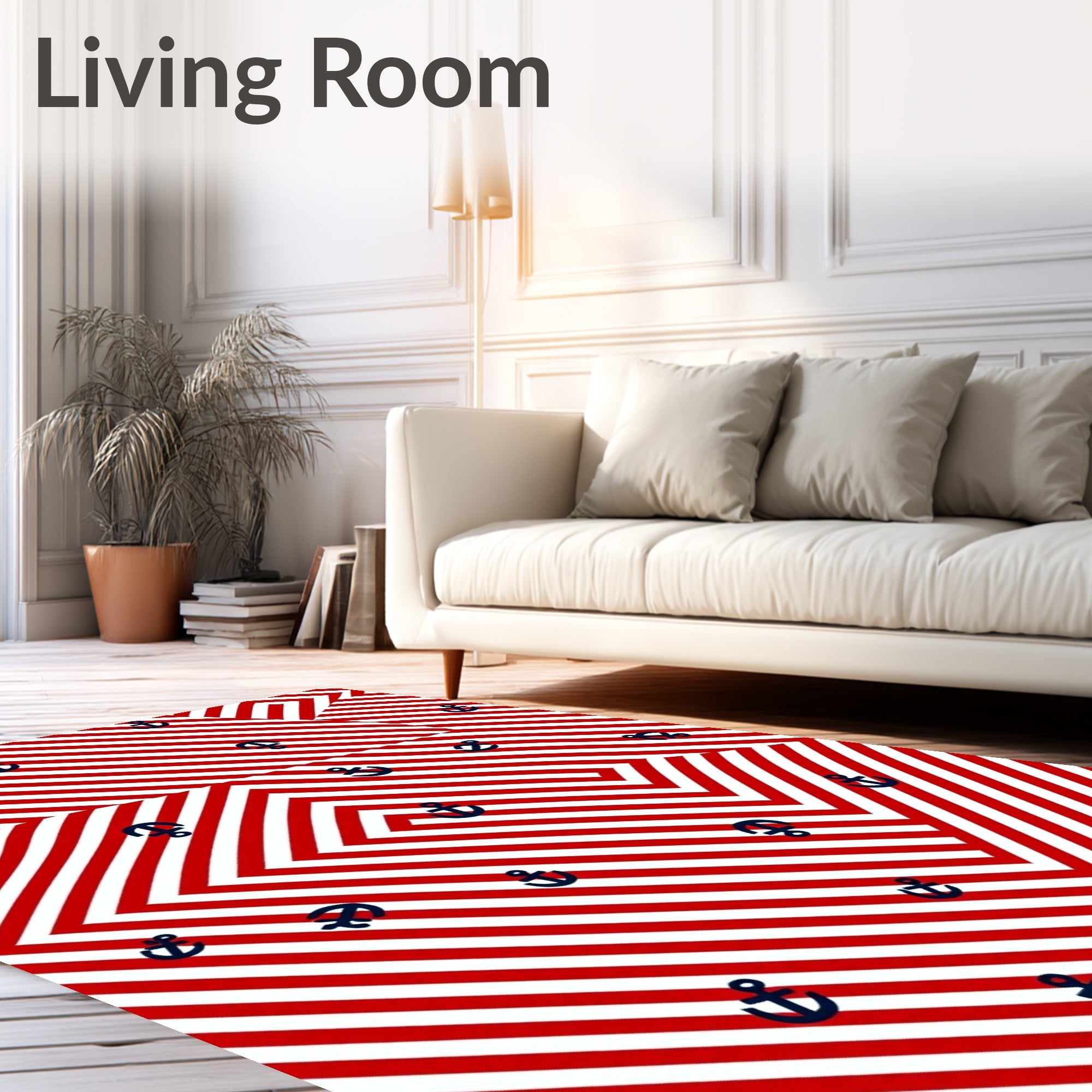 Nautical Red White Striped Anchor Rug