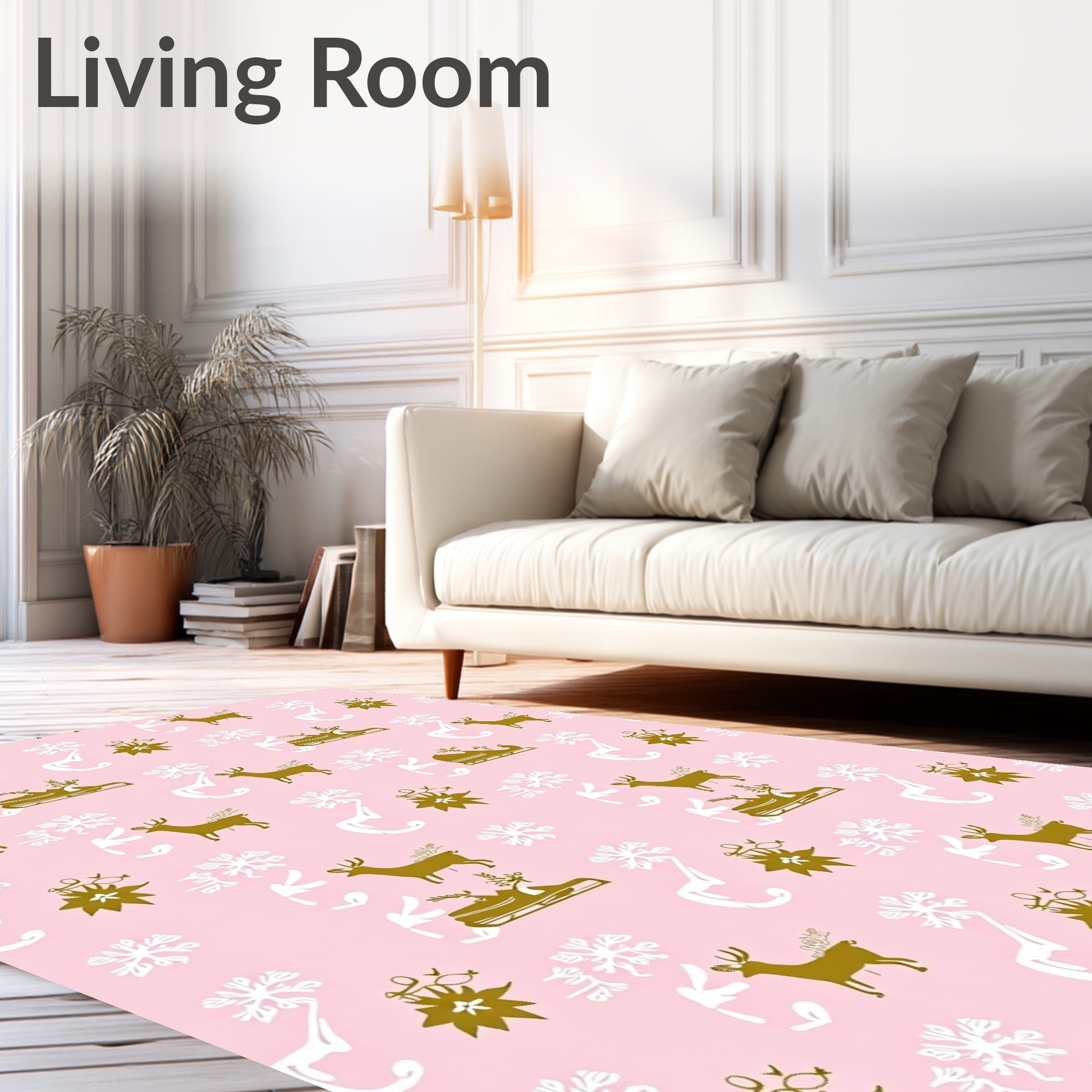 Whimsical Gold Deer Sleigh Snowflakes Pink Rug