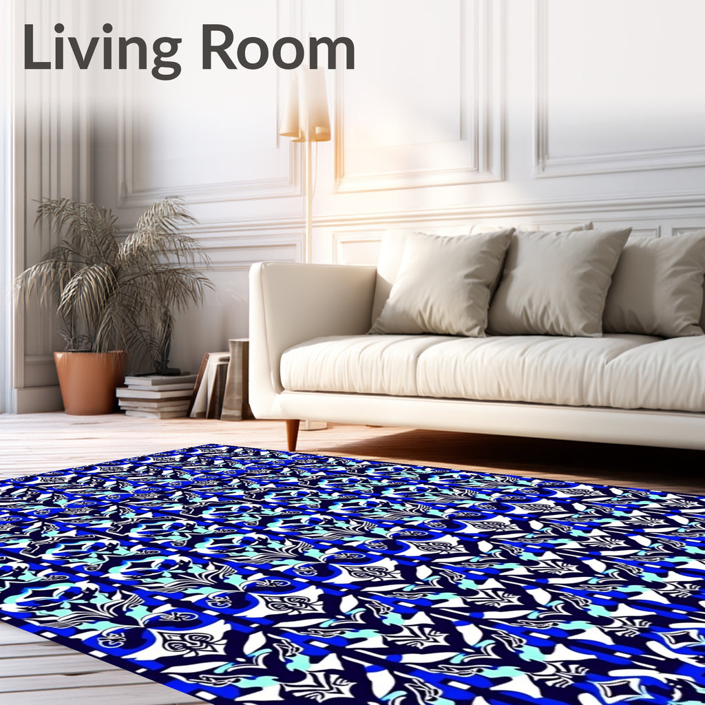 Electric Blue White Floral Damask Rug
