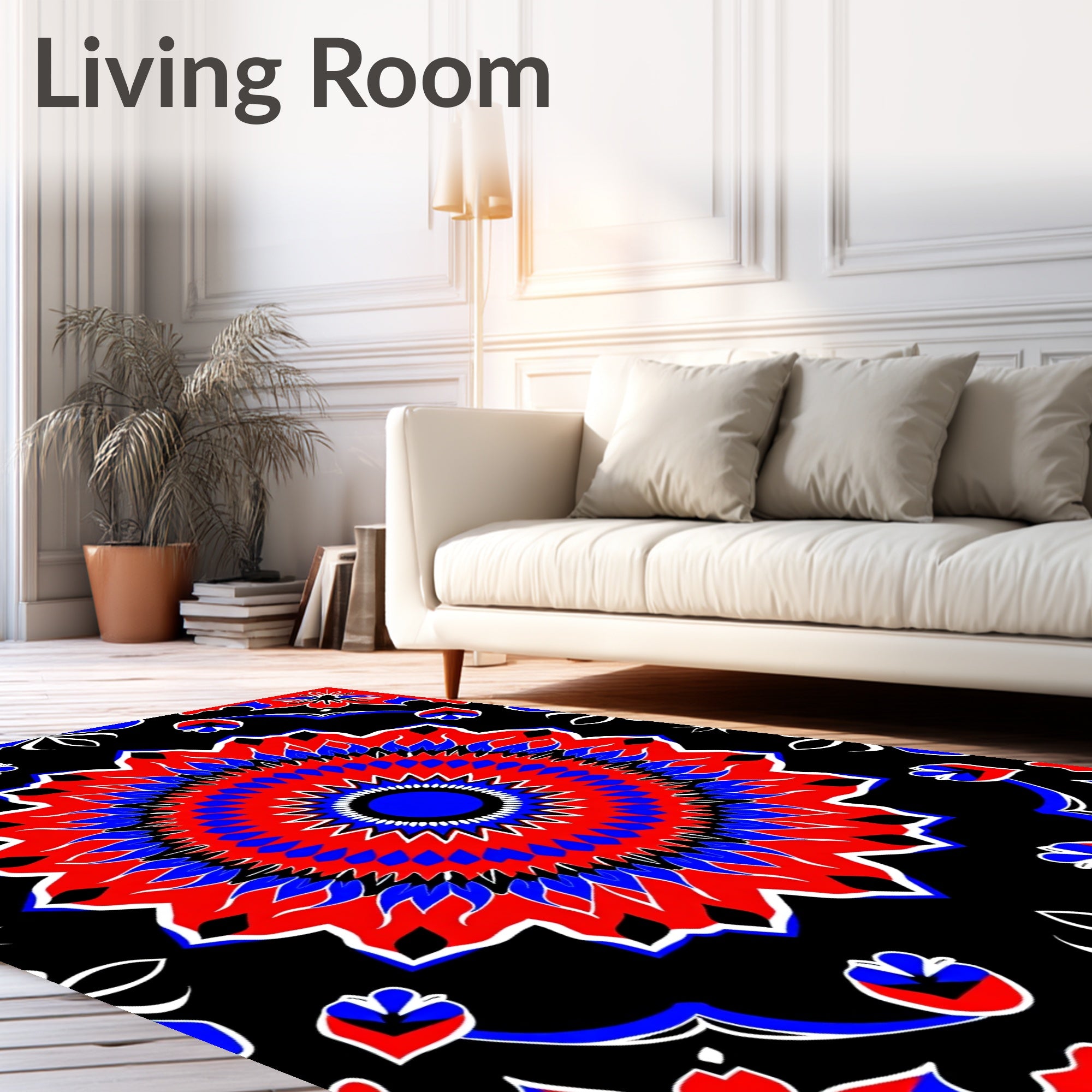 Vivid Red Blue Black Floral Mandala Rug