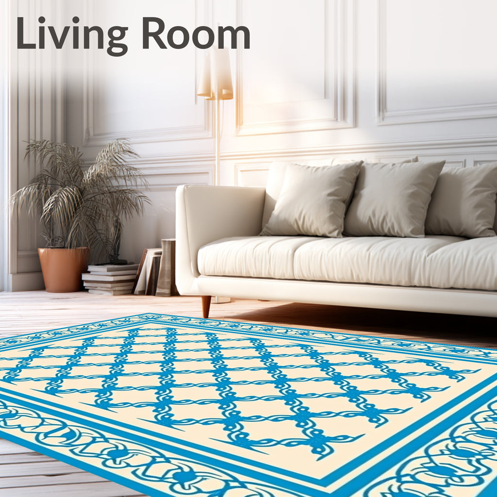 Ornate Blue Cream Lattice Border Rug