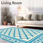 Ornate Blue Cream Lattice Border Rug