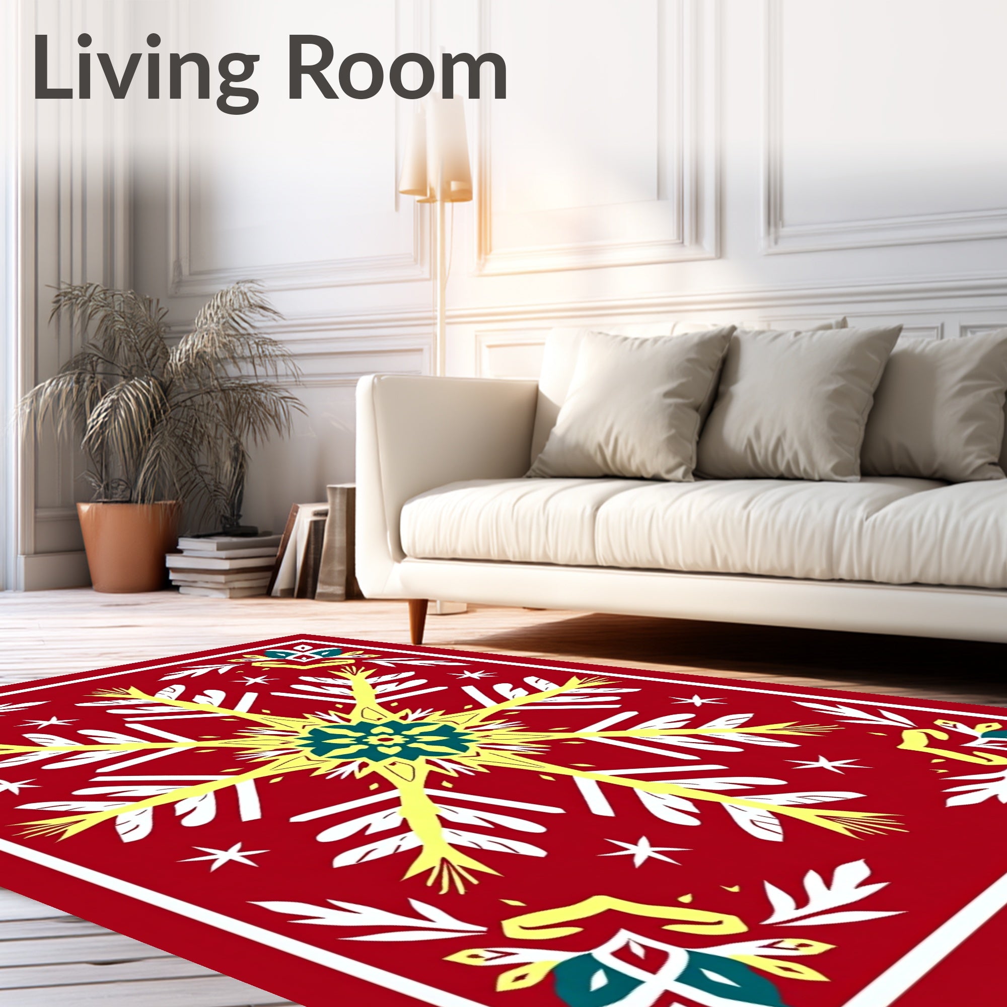 Red Yellow Snowflake Floral Sunburst Rug