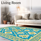 Turquoise Floral Medallion Ivory Gold Border Rug